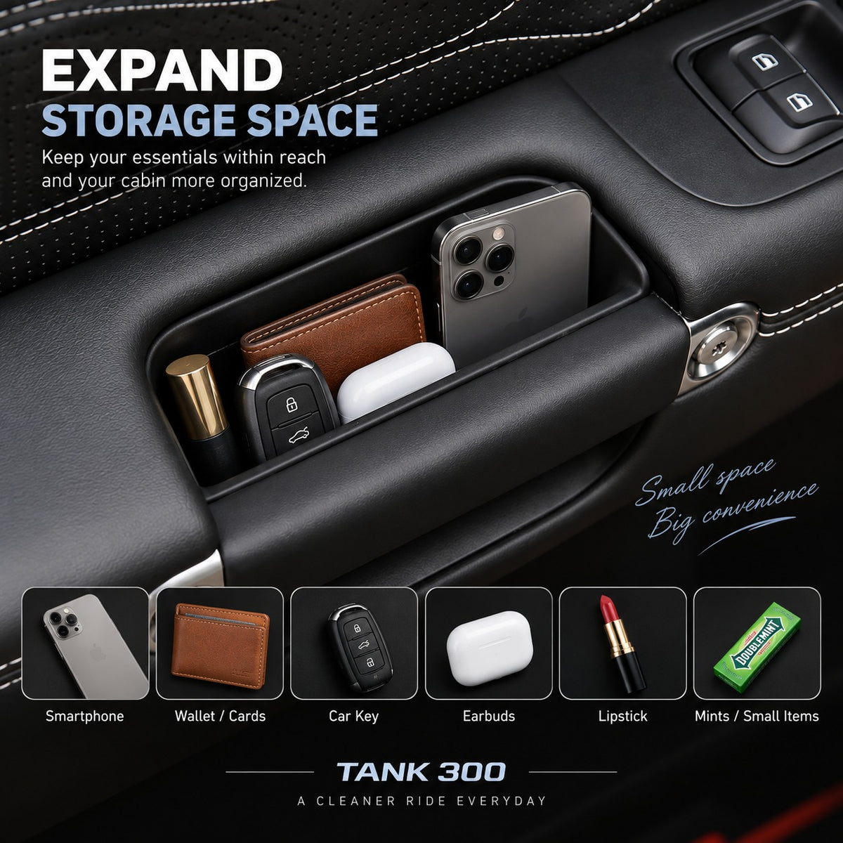 Great Wall Tank 300 door handle storage box providing extra space for a smartphone, wallet, car key, earbuds, and small daily essentials.
