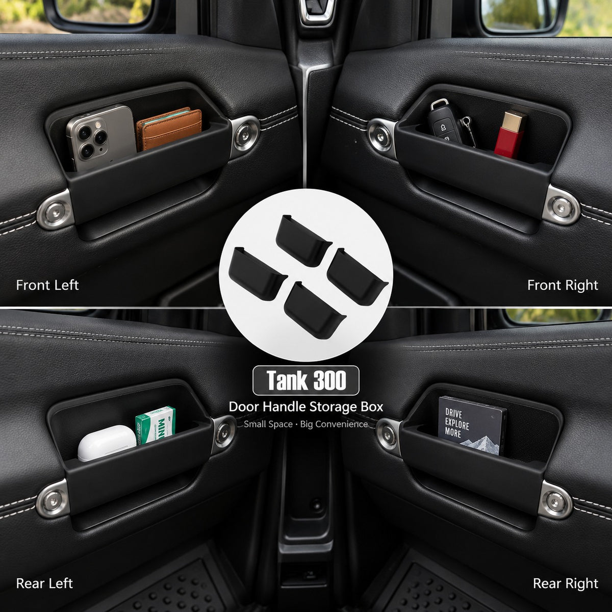 Great Wall Tank 300 four-piece door handle storage boxes installed across the vehicle doors for convenient interior storage.
