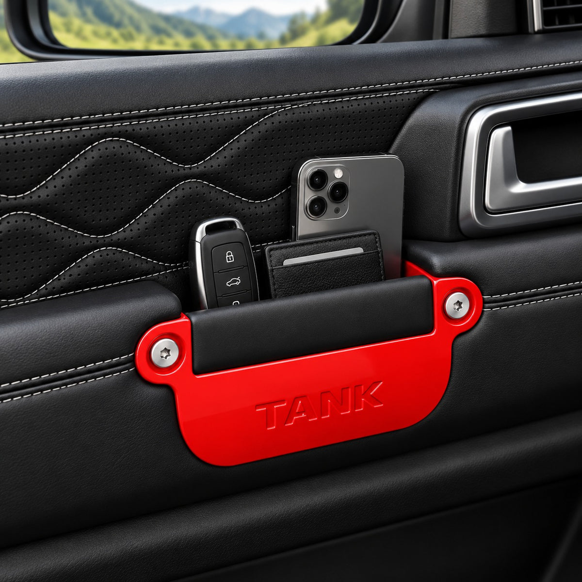 Great Wall Tank 300 red 4-piece door handle storage boxes installed inside the vehicle door panels with everyday essentials stored inside.