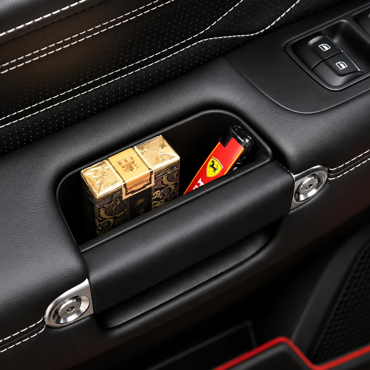 Great Wall Tank 300 black door handle storage box installed inside the vehicle door for convenient storage of small essentials.