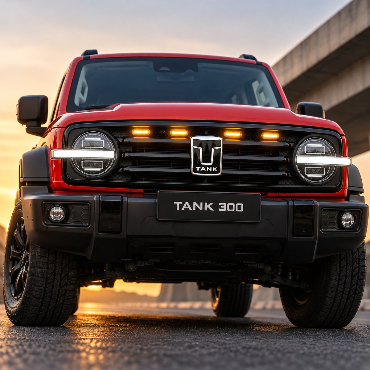 Red Great Wall TANK 300 with illuminated yellow grille LED lights in low angle front view