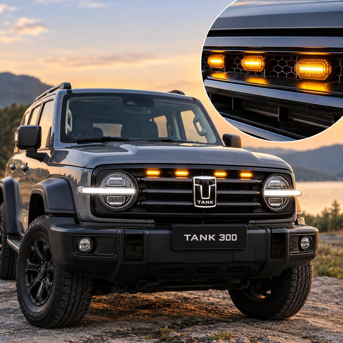 Great Wall TANK 300 front grille with illuminated yellow LED marker lights close-up
