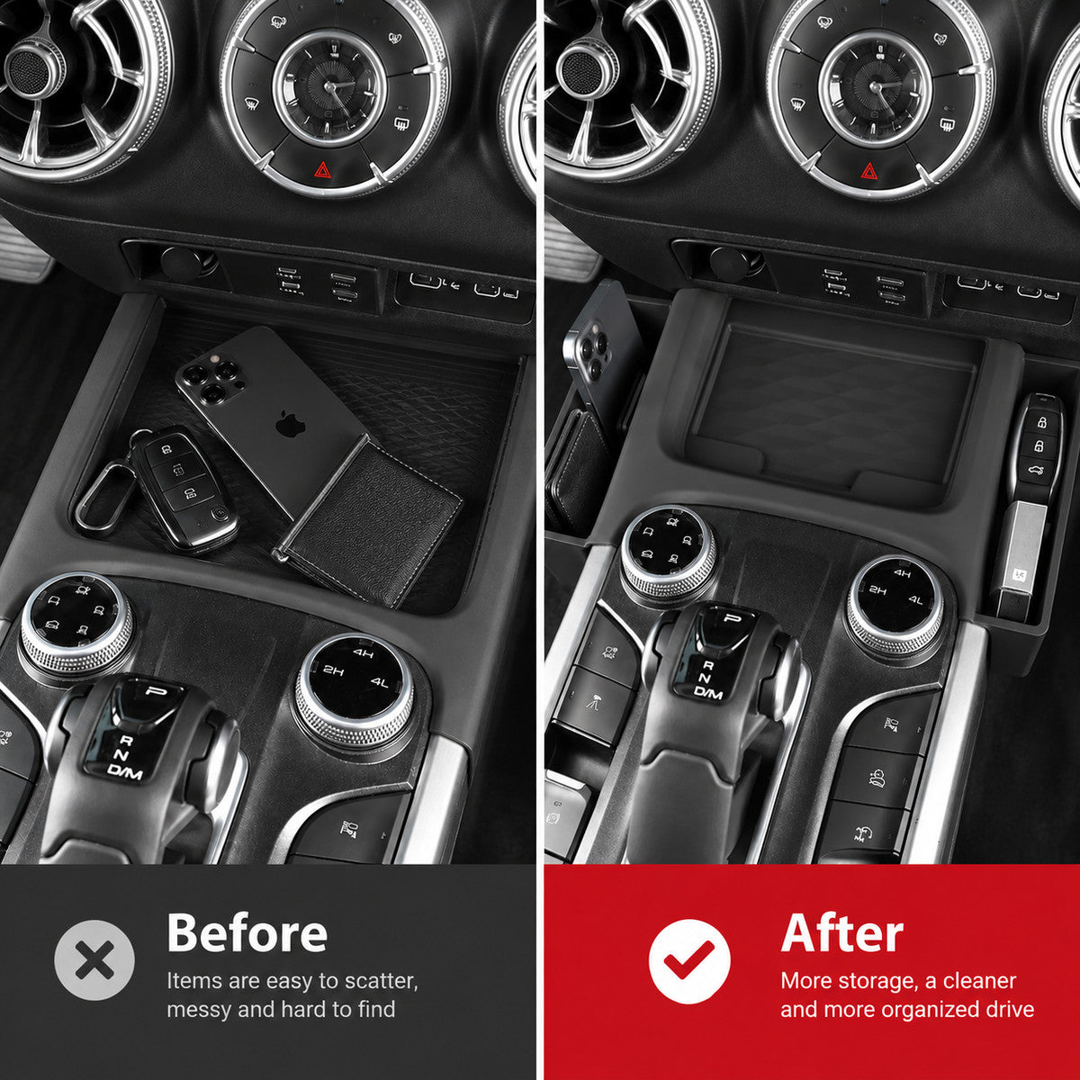 Great Wall TANK 300 center console before and after installing the black storage box
