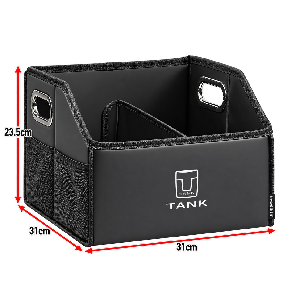 Great Wall Tank 300 noble black storage box with divided compartments, mesh pockets, TANK logo, and 31cm x 31cm x 23.5cm dimensions