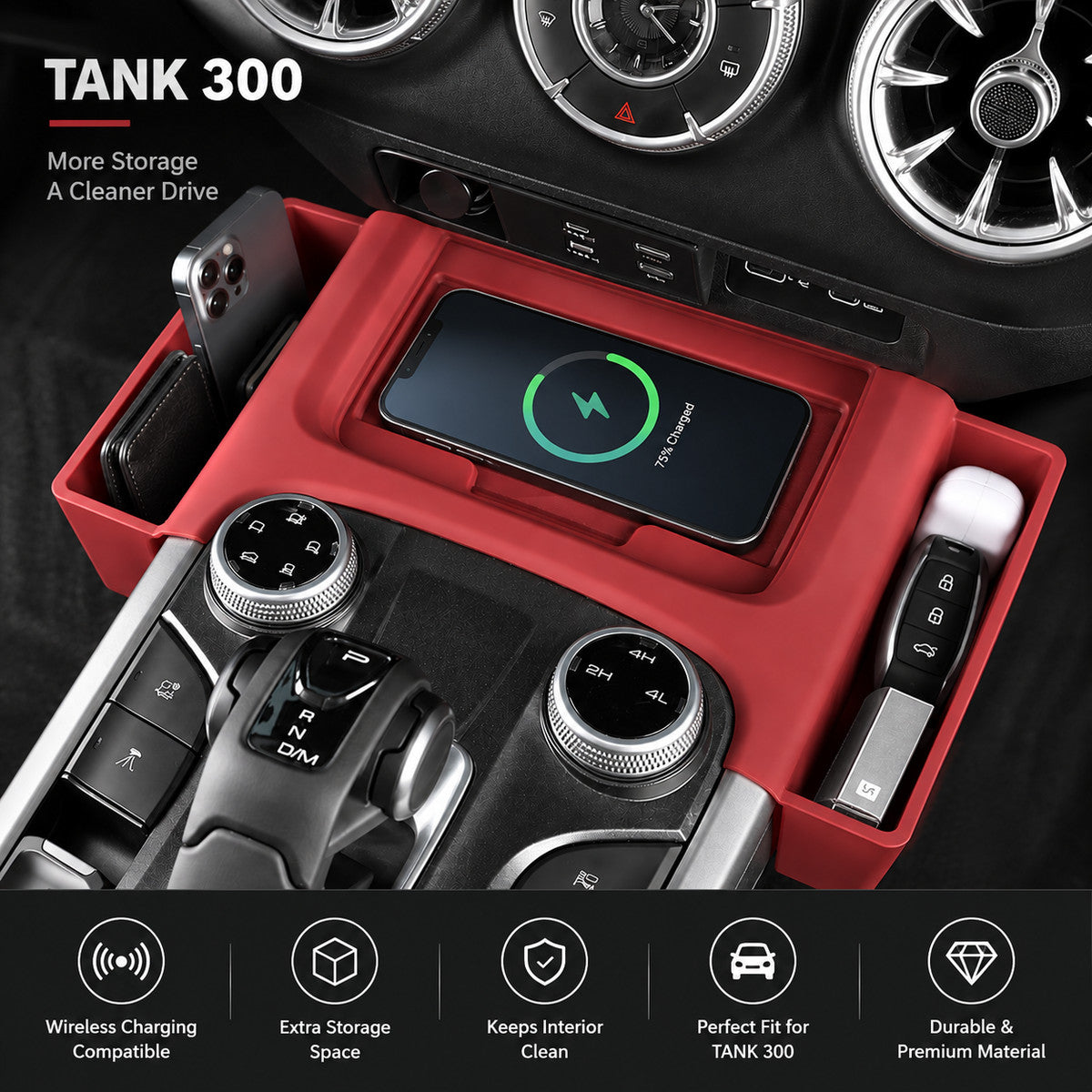 Great Wall TANK 300 red storage box showing wireless charging compatibility and extra storage space
