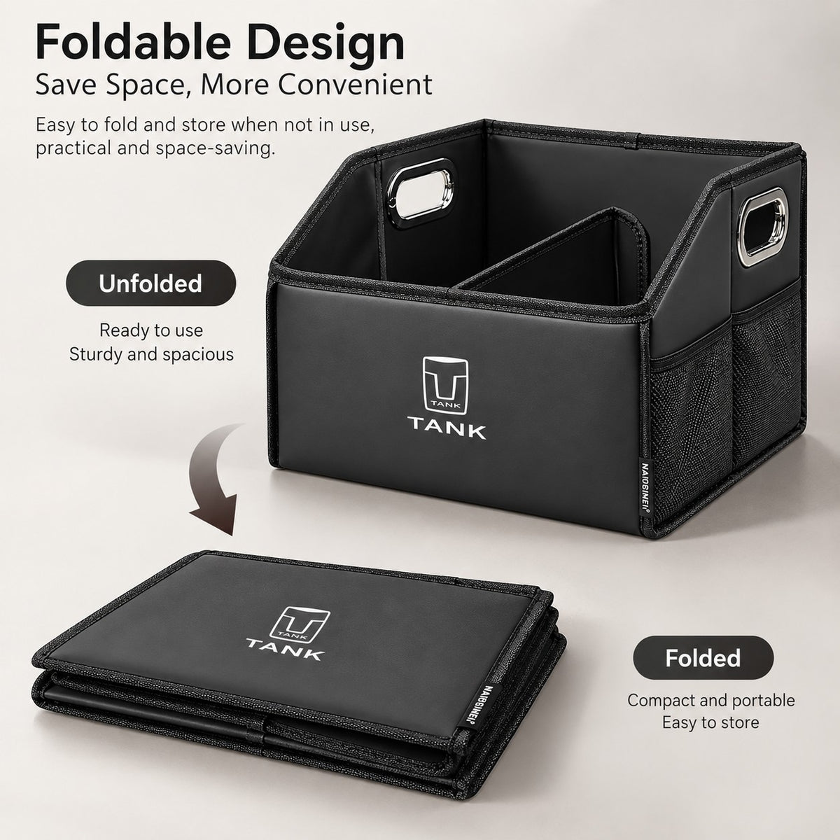 Great Wall Tank 300 storage box showing folded and unfolded configurations for space-saving storage