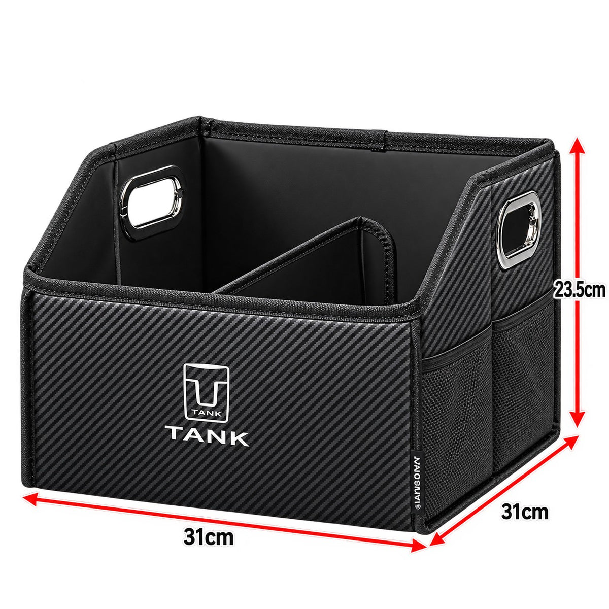 Great Wall Tank 300 black carbon fiber storage box with 31cm x 31cm x 23.5cm dimensions