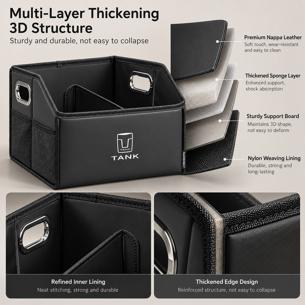Great Wall Tank 300 storage box showing multi-layer thickened 3D construction, inner lining, reinforced edges, and structural support