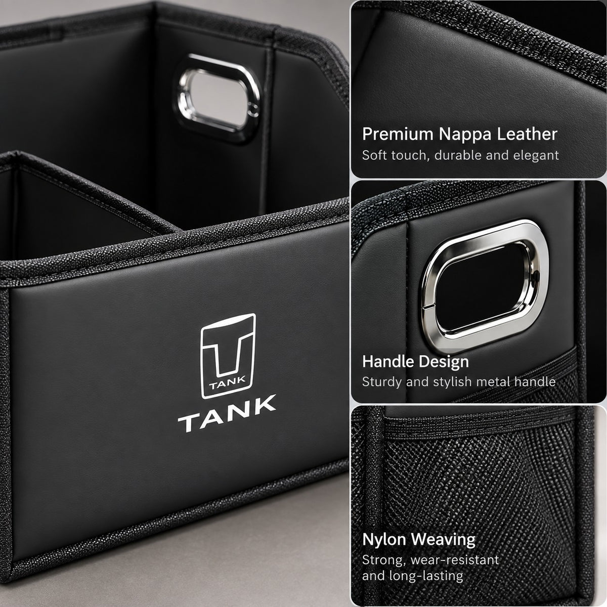 Great Wall Tank 300 storage box showing Nappa leather finish, metal handle design, stitching, and nylon weaving