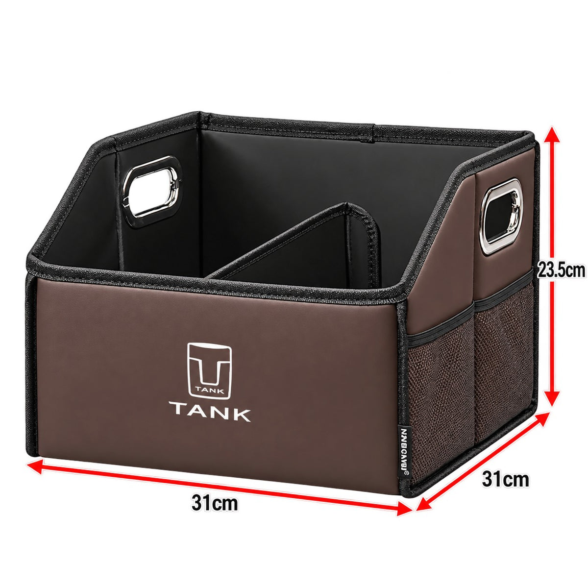 Great Wall Tank 300 mocha brown storage box with divided interior, mesh side pockets, and 31cm x 31cm x 23.5cm dimensions