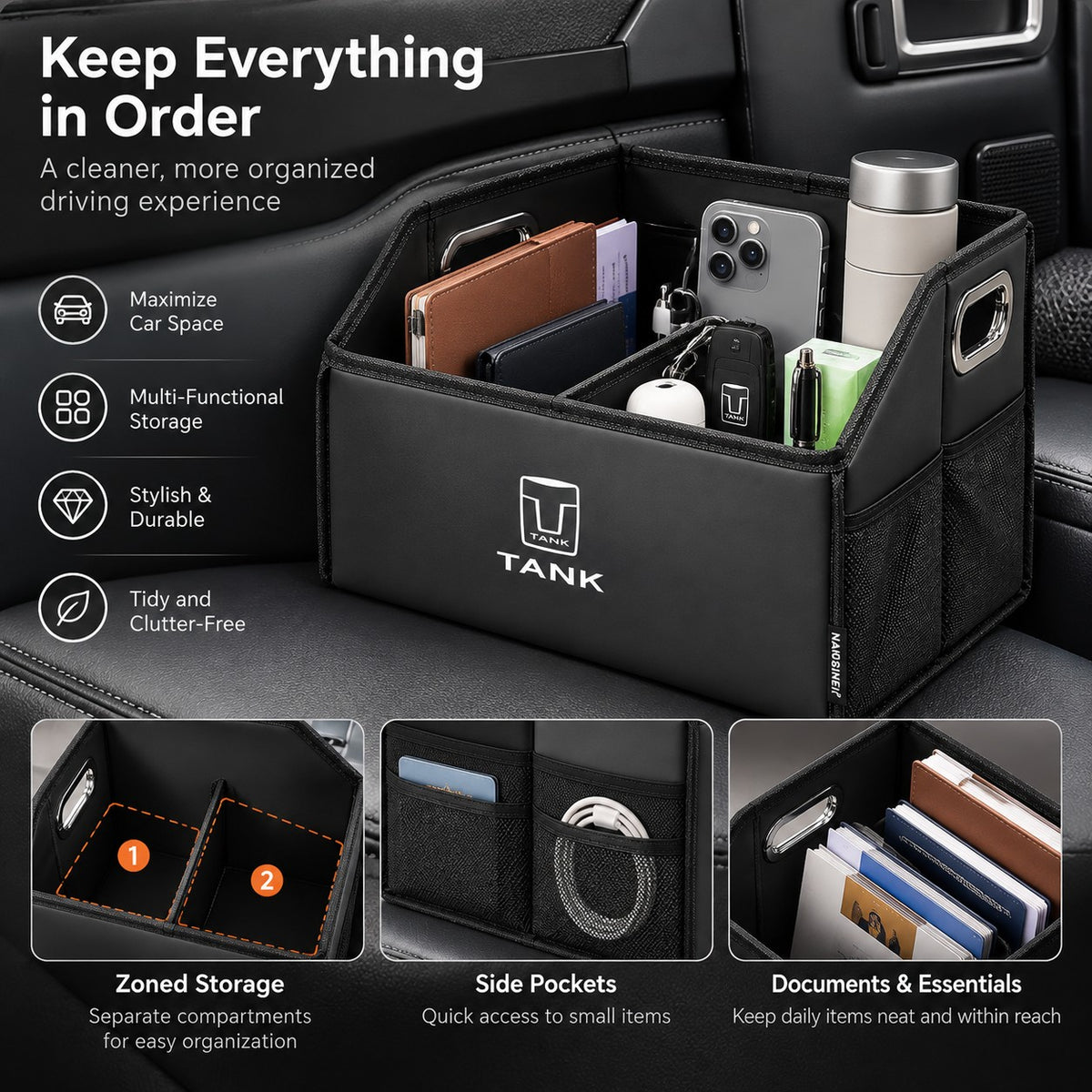 Great Wall Tank 300 storage box organizing smartphones, bottles, documents, wallets, keys, and everyday essentials