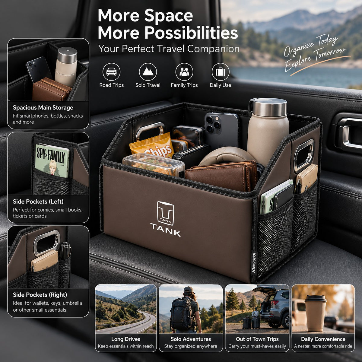 Great Wall Tank 300 storage box used for road trips with organized bottles, snacks, wallets, books, smartphones, and essentials