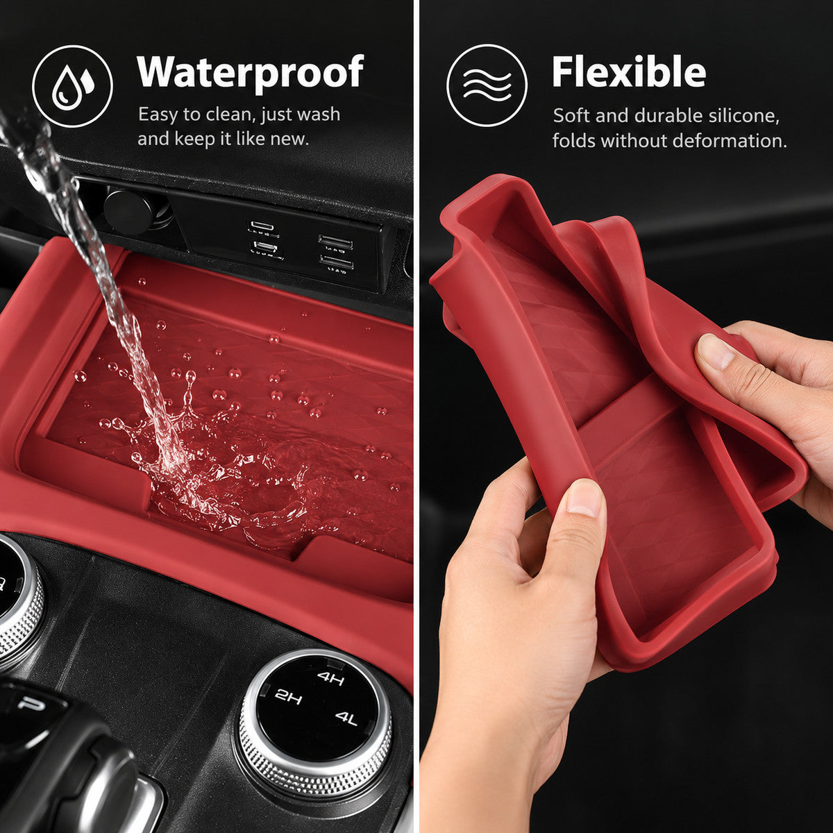 Red Great Wall TANK 300 silicone storage box demonstrating waterproof and flexible design