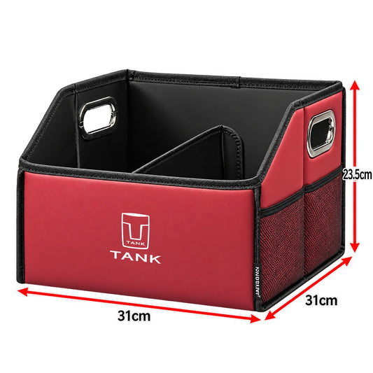 Great Wall Tank 300 wine red storage box with TANK logo, side pockets, and 31cm x 31cm x 23.5cm dimensions