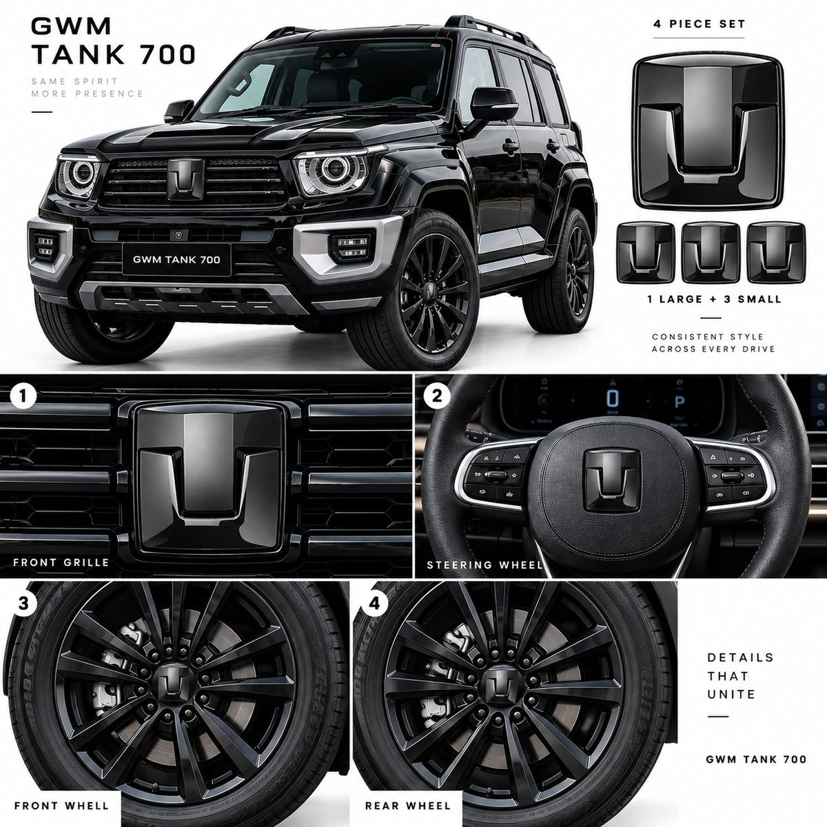 Great Wall Tank 700 Bright Black logo emblem 5 piece set with one large and four small pieces