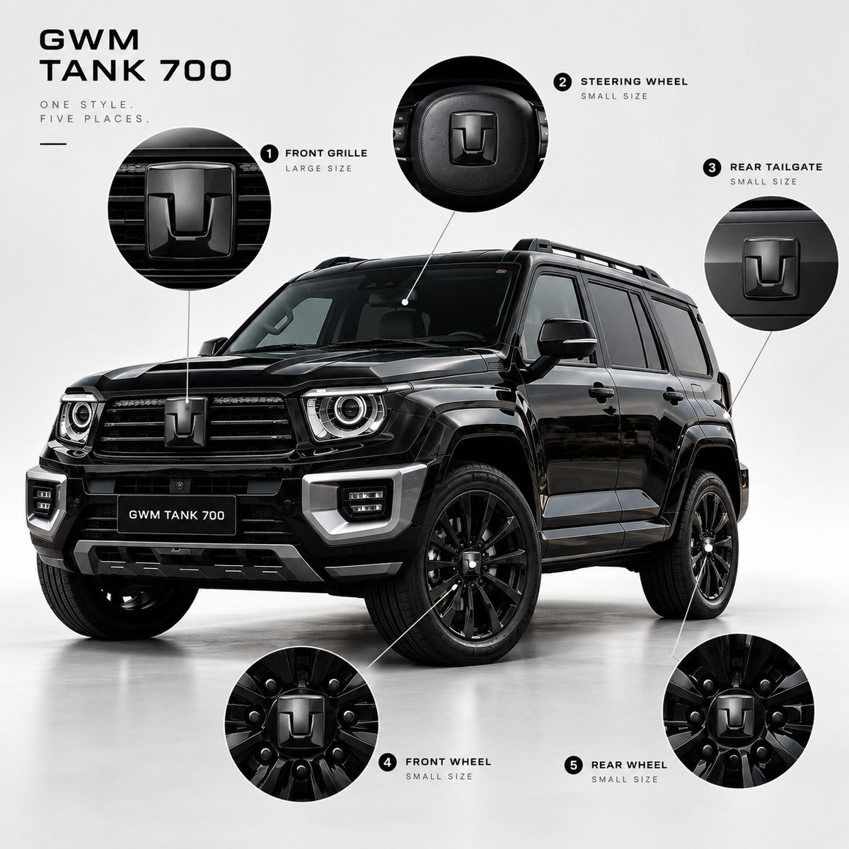 Great Wall Tank 700 Bright Black logo emblem 4 piece set with one large and three small pieces