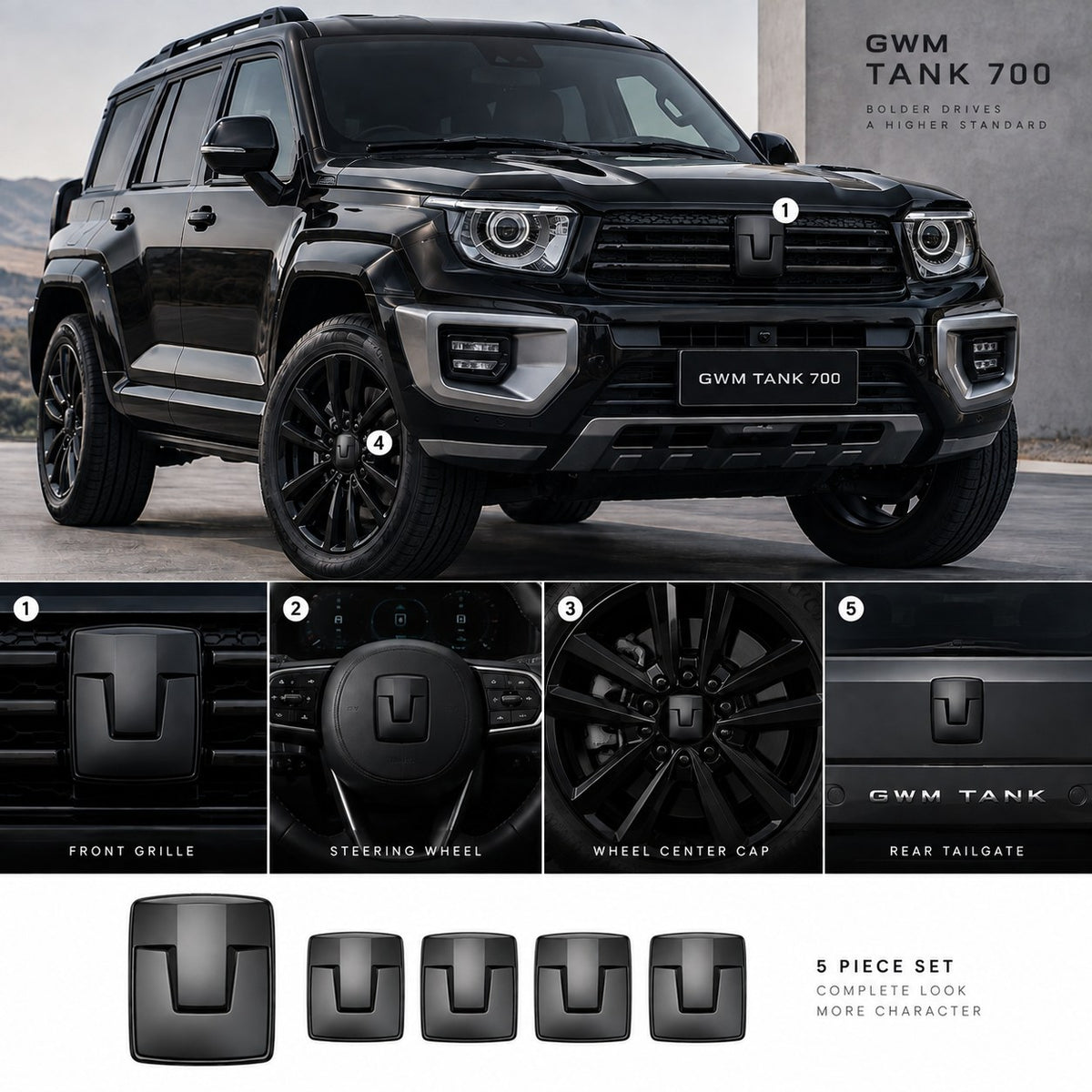 Great Wall Tank 700 Bright Black logo emblem 5 piece set with one large and four small pieces