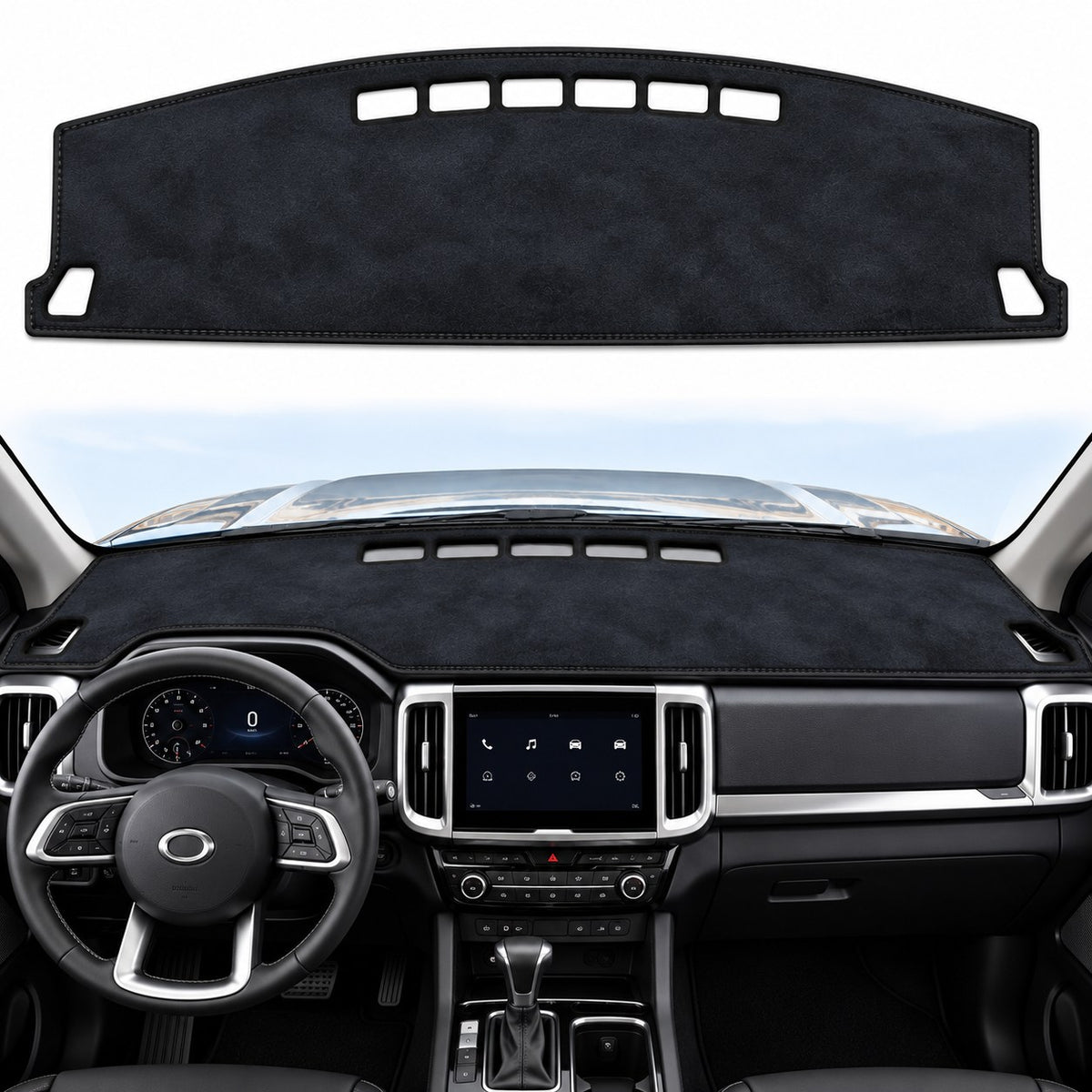 GWM Cannon 2025-2027 black flannel dashboard cover installed in left-hand-drive interior