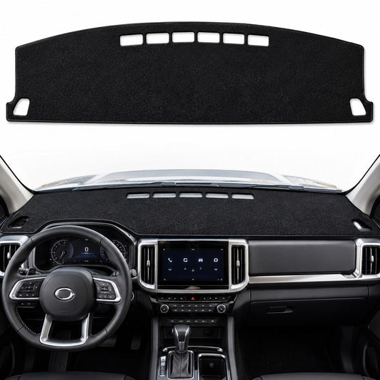 GWM Cannon 2025-2027 black polyester dashboard cover installed in left-hand-drive interior