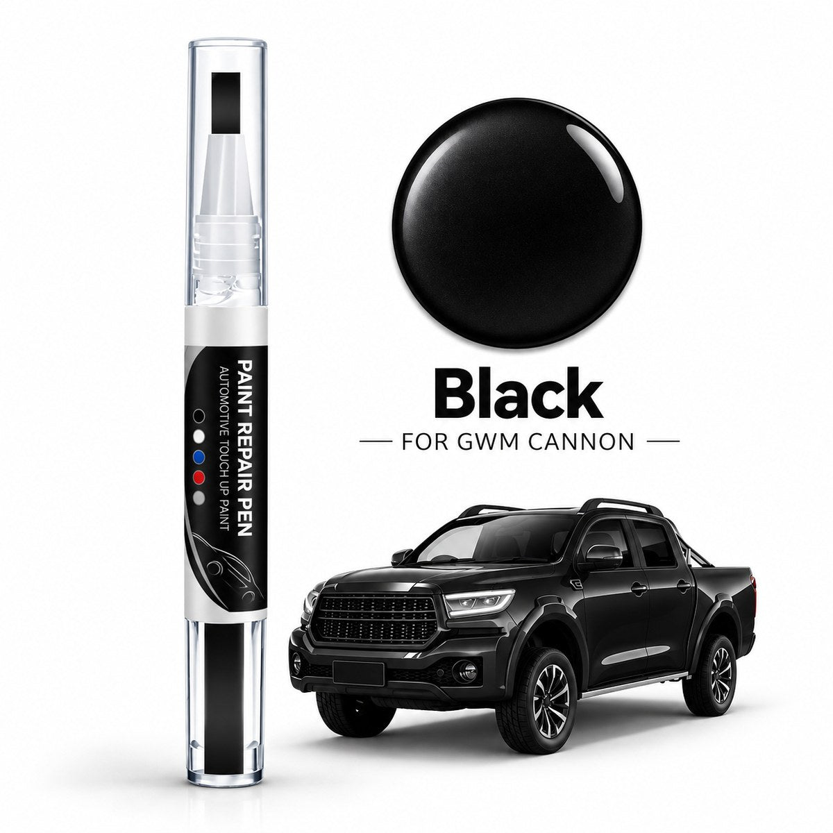 GWM Cannon car paint repair pen in Black with matching black paint colour swatch and black pickup truck