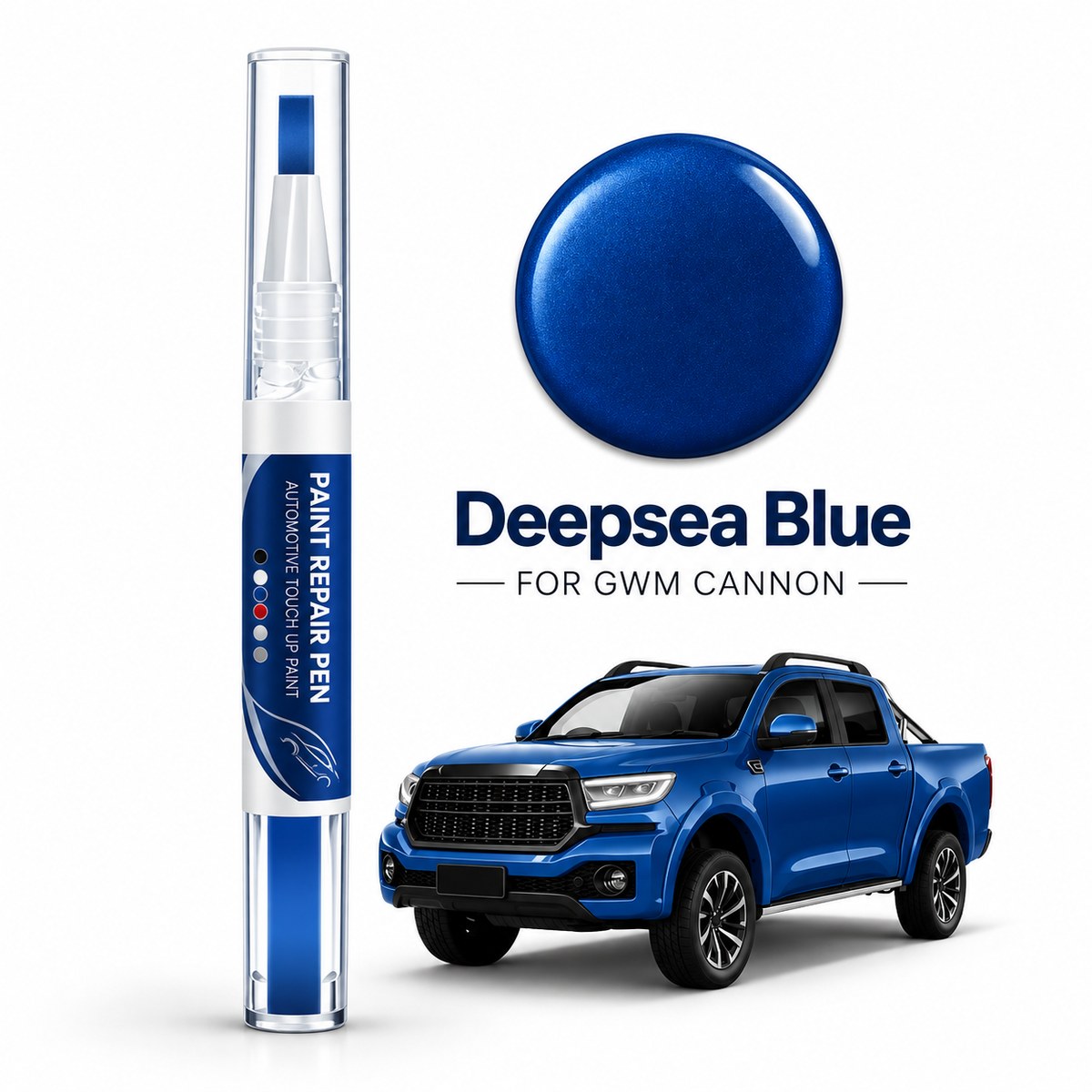 GWM Cannon car paint repair pen in Deepsea Blue with matching blue paint colour swatch and blue pickup truck