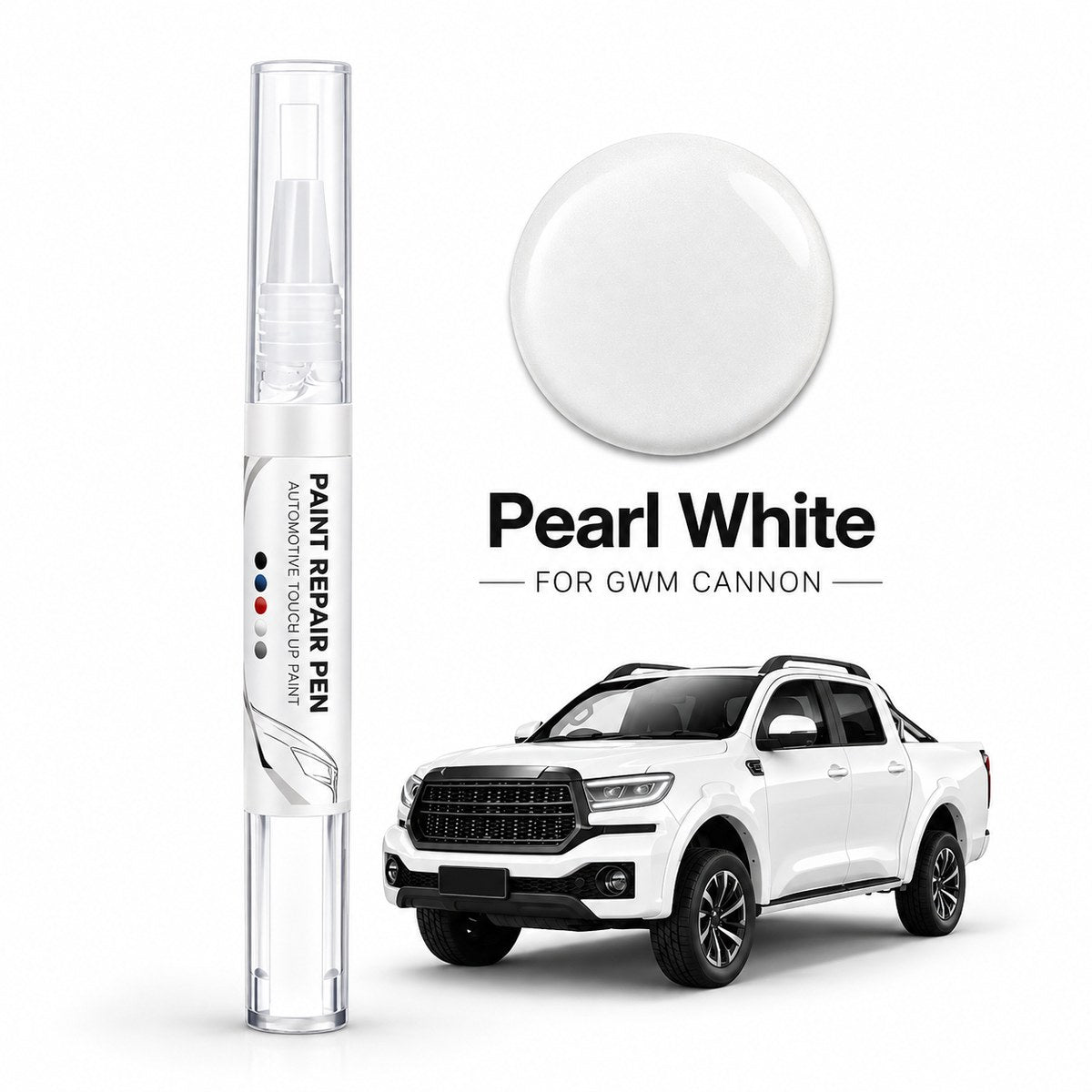 GWM Cannon car paint repair pen in Pearl White with matching paint colour swatch and white pickup truck