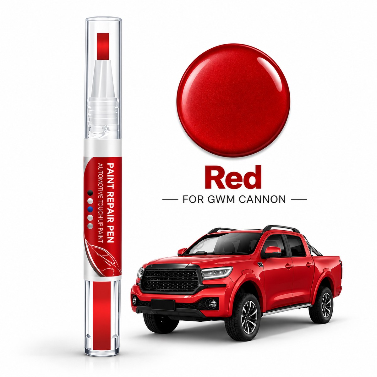 GWM Cannon car paint repair pen in Red with matching red paint colour swatch and red pickup truck