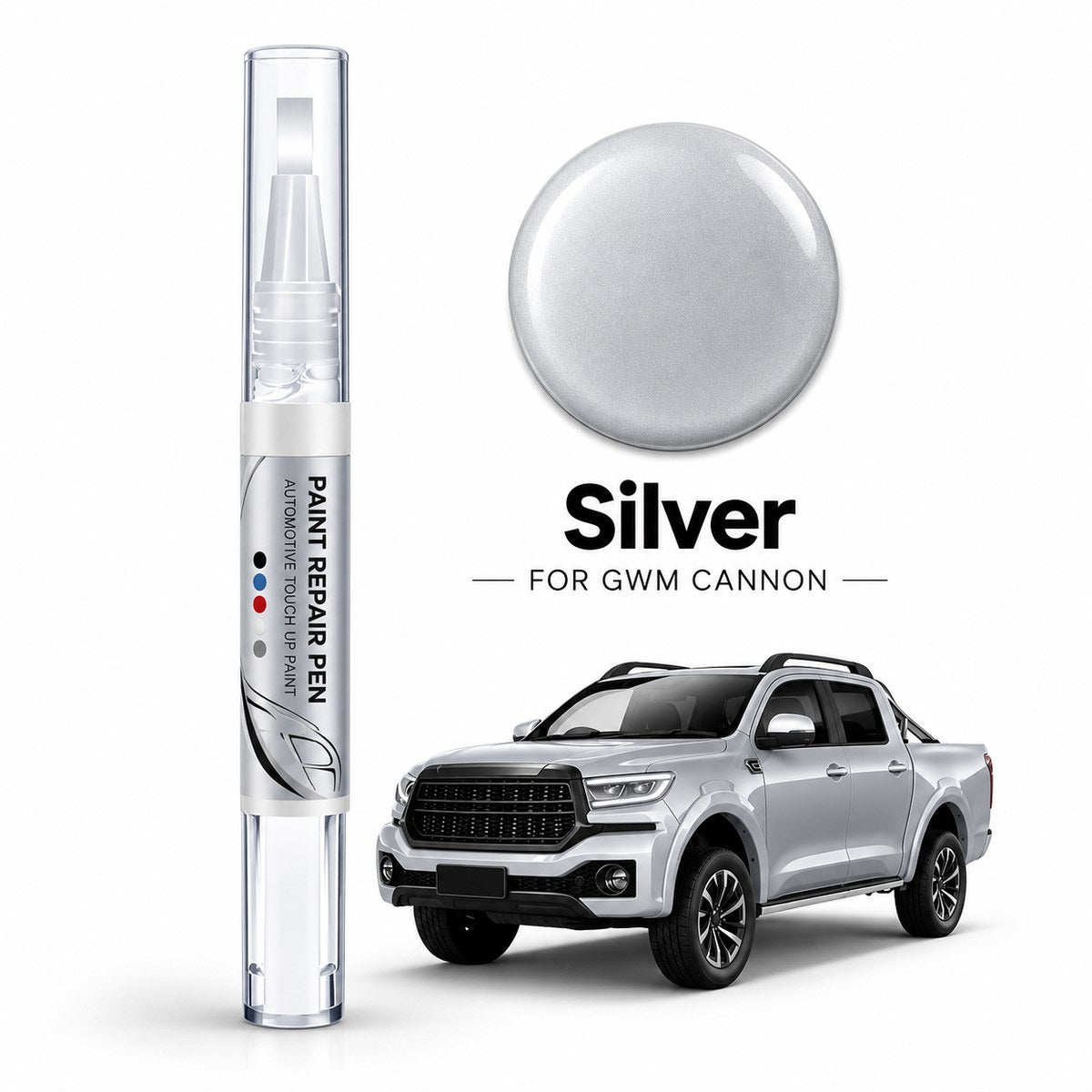 GWM Cannon car paint repair pen in Silver with matching silver paint colour swatch and silver pickup truck