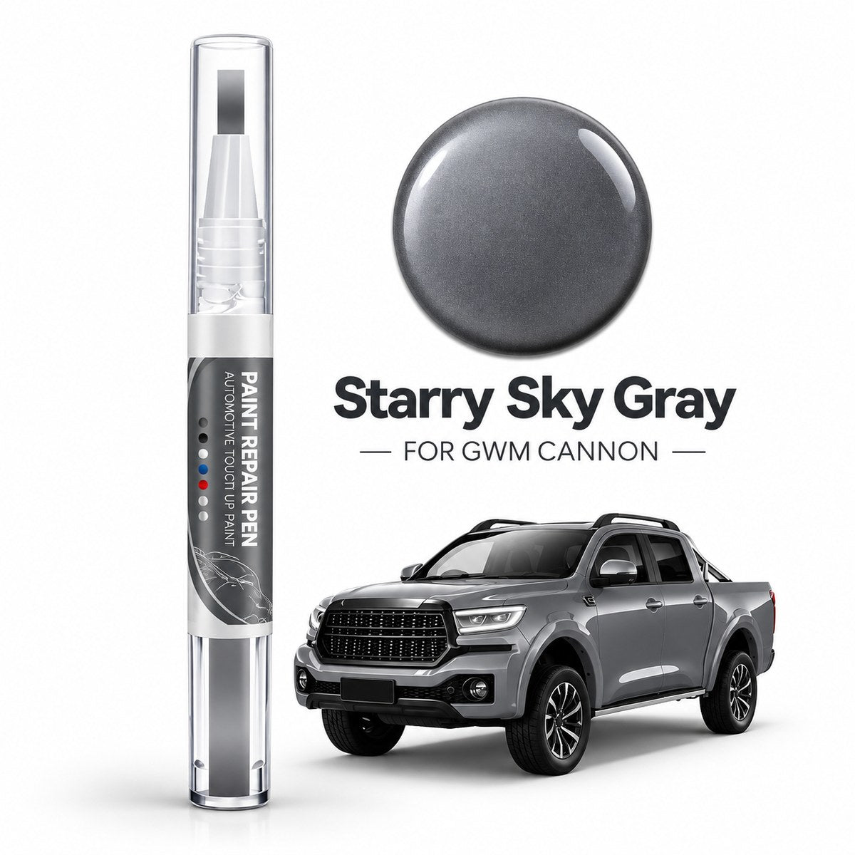 GWM Cannon car paint repair pen in Starry Sky Gray with matching gray paint colour swatch and gray pickup truck