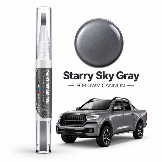GWM Cannon car paint repair pen in Starry Sky Gray with matching gray paint colour swatch and gray pickup truck