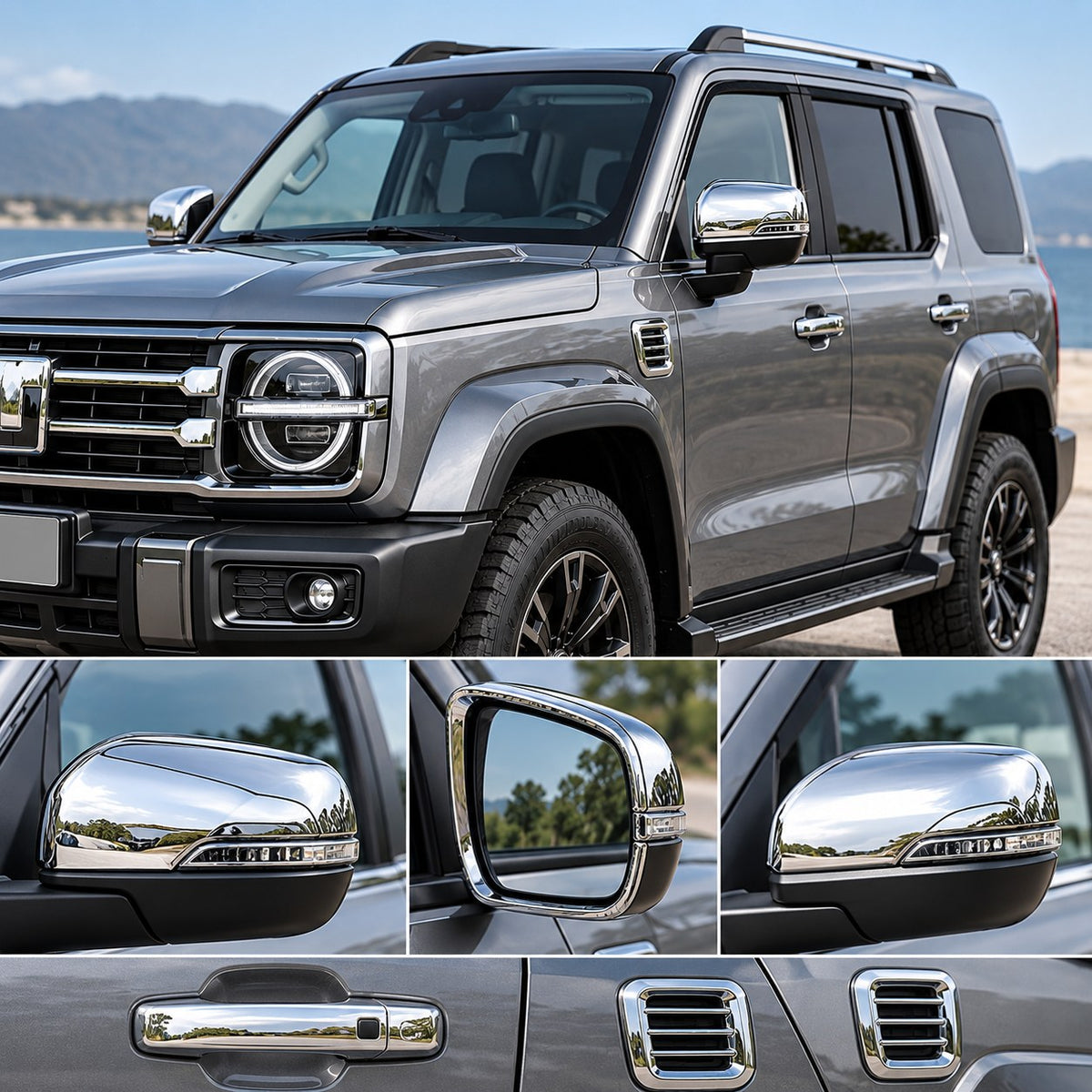 Close-up of GWM Cannon chrome side mirror accessories