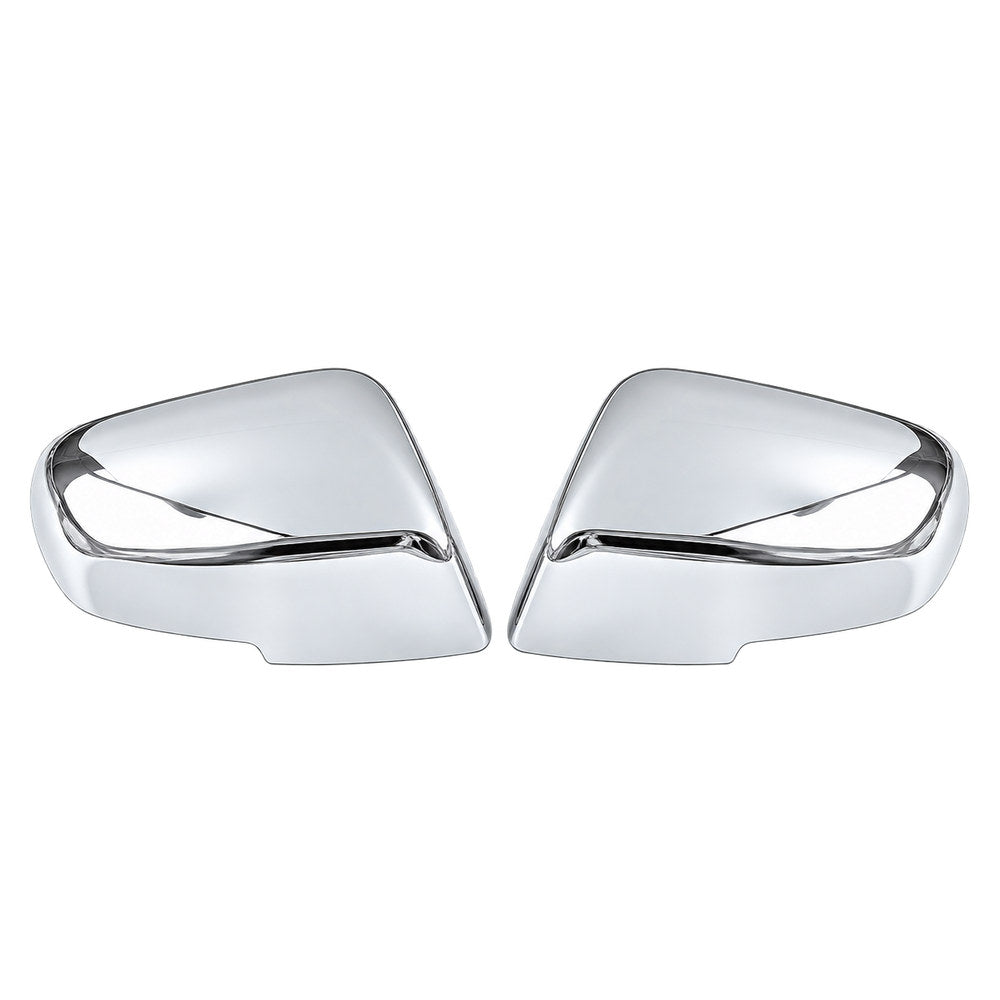 Pair of polished chrome automotive side mirror covers with sculpted contours.