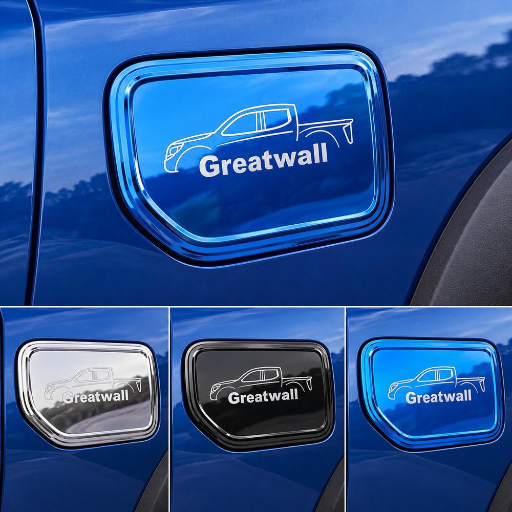 GWM Cannon fuel tank cap cover installed in silver black and blue finishes