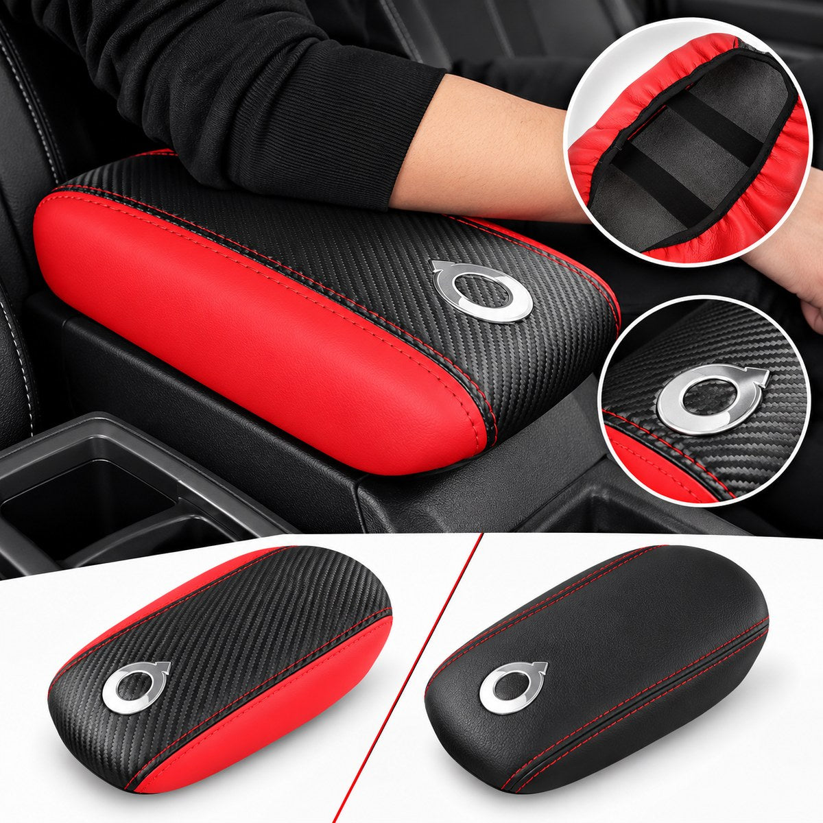 Black armrest cover with red stitching and carbon fibre style red armrest cover installed in a vehicle interior