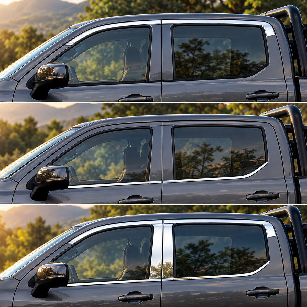 Chrome Window Trim Installation on GWM Cannon King Kong 2022-2024, Showing Three Views of the Installed Stainless Steel Chrome Window Trim.
