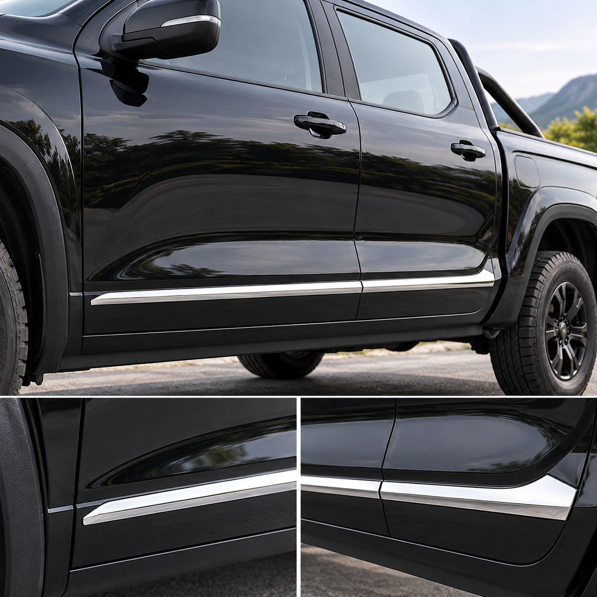 Front angled view of a black GWM Cannon King Kong pickup featuring polished stainless steel side door trim along both doors.