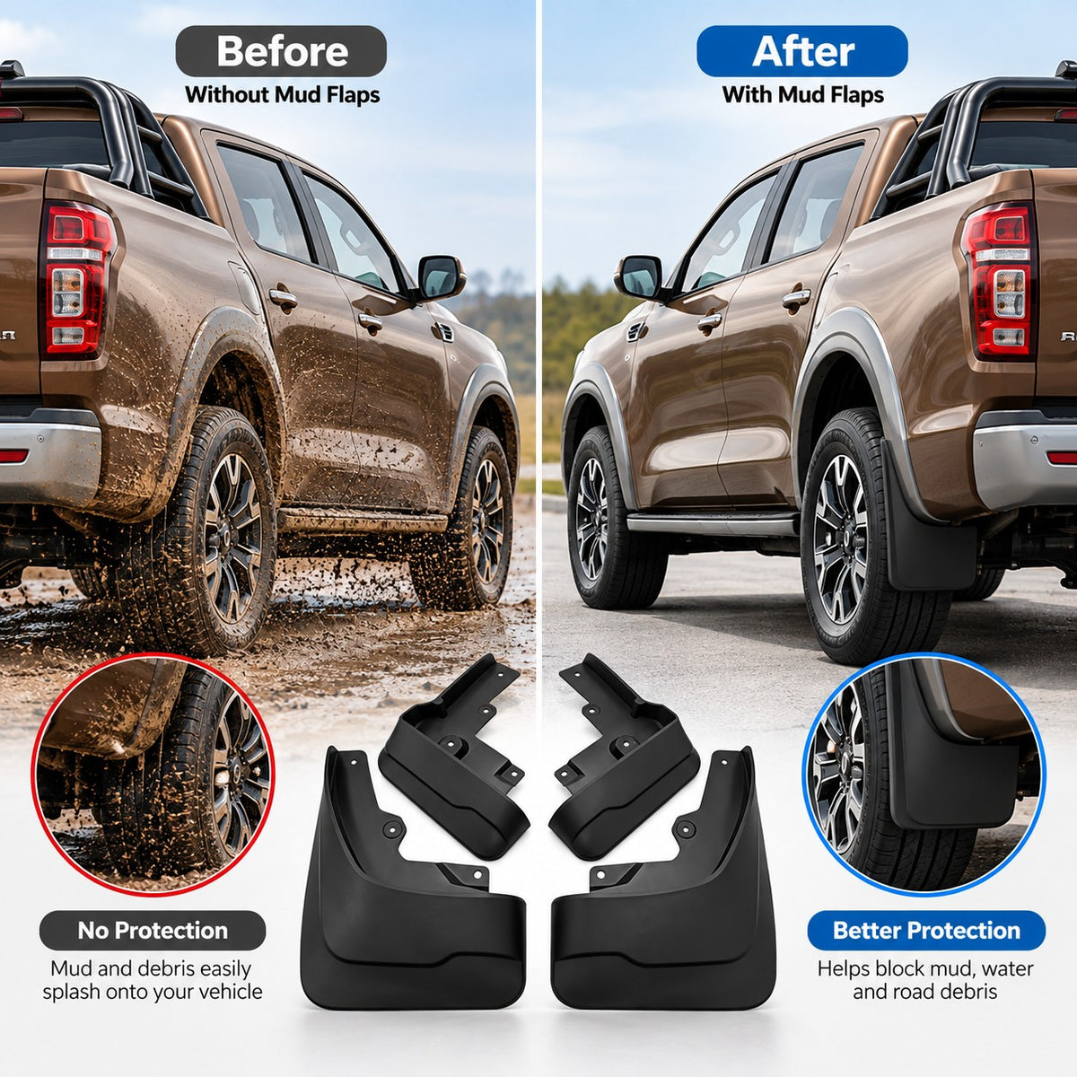 GWM Cannon POER before and after mud flap installation, showing improved protection against mud, water and road debris