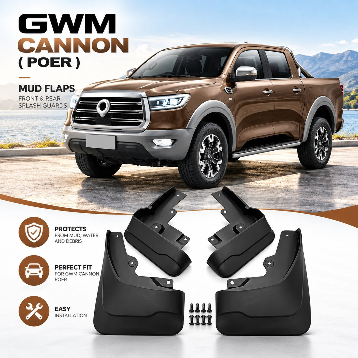 GWM Cannon POER brown pickup with four black mud flaps displayed below, showing front and rear splash guard protection