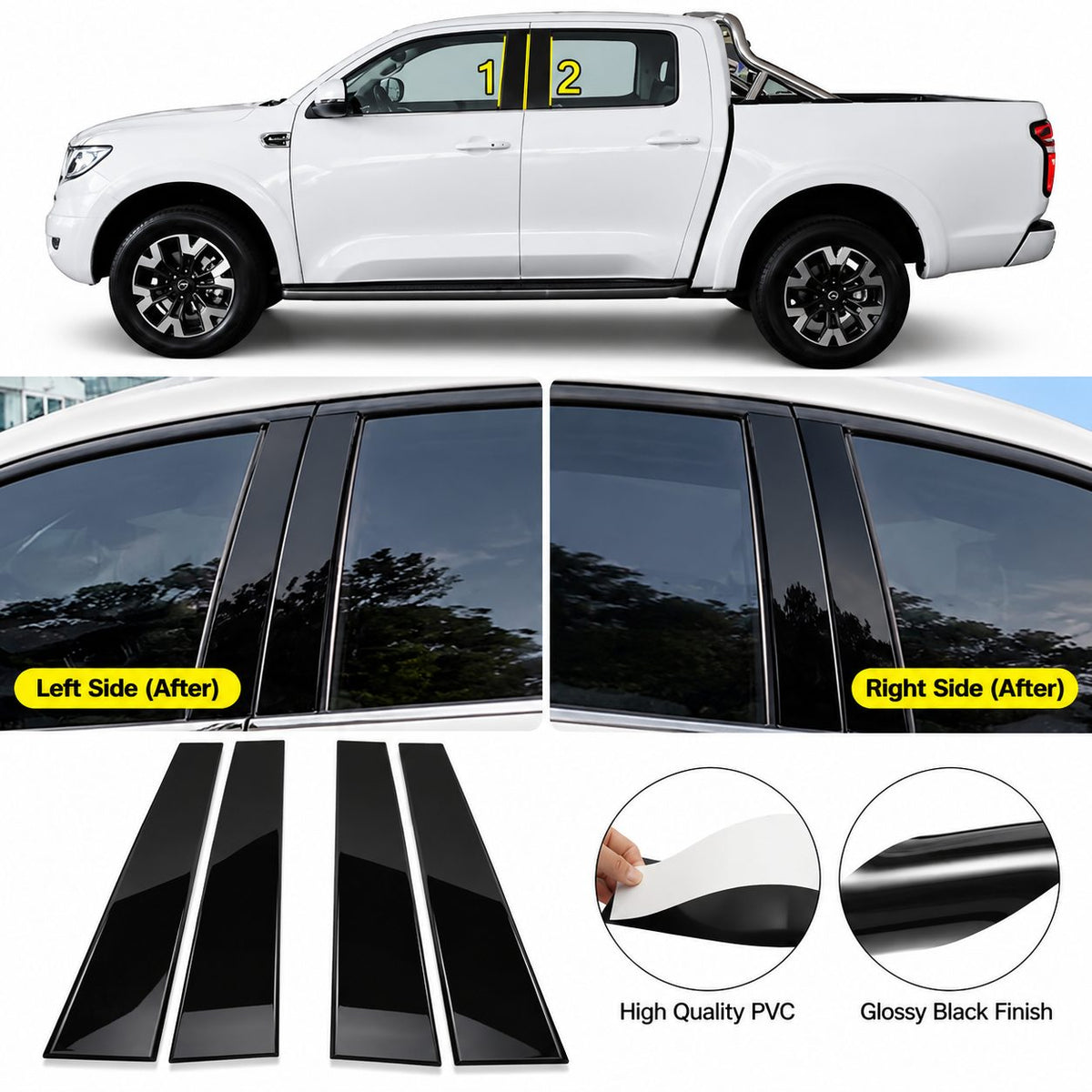 GWM Cannon Poer carbon fiber window pillar trim covers installed on the vehicle