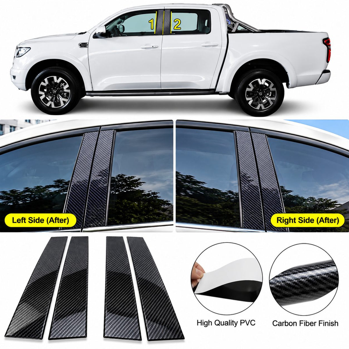GWM Cannon Poer carbon fiber window pillar trim covers installed on the vehicle