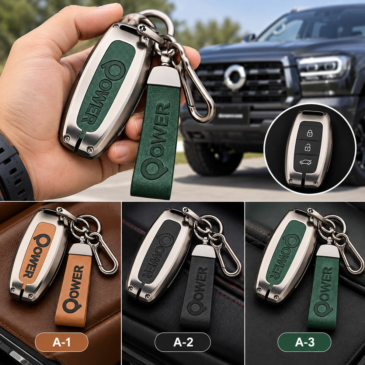 GWM Cannon remote key case keychain shown in brown black and green variants
