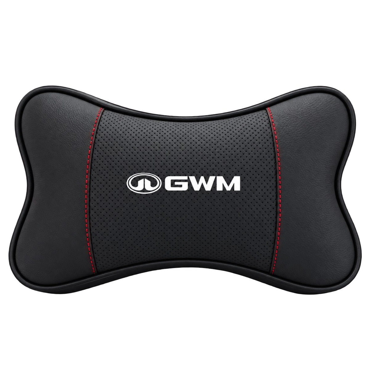 GWM black car seat headrest neck pillow with perforated centre and red stitching
