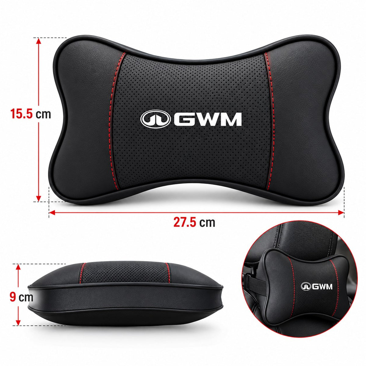 GWM car seat headrest neck pillow showing 27.5 cm width, 15.5 cm height and 9 cm thickness