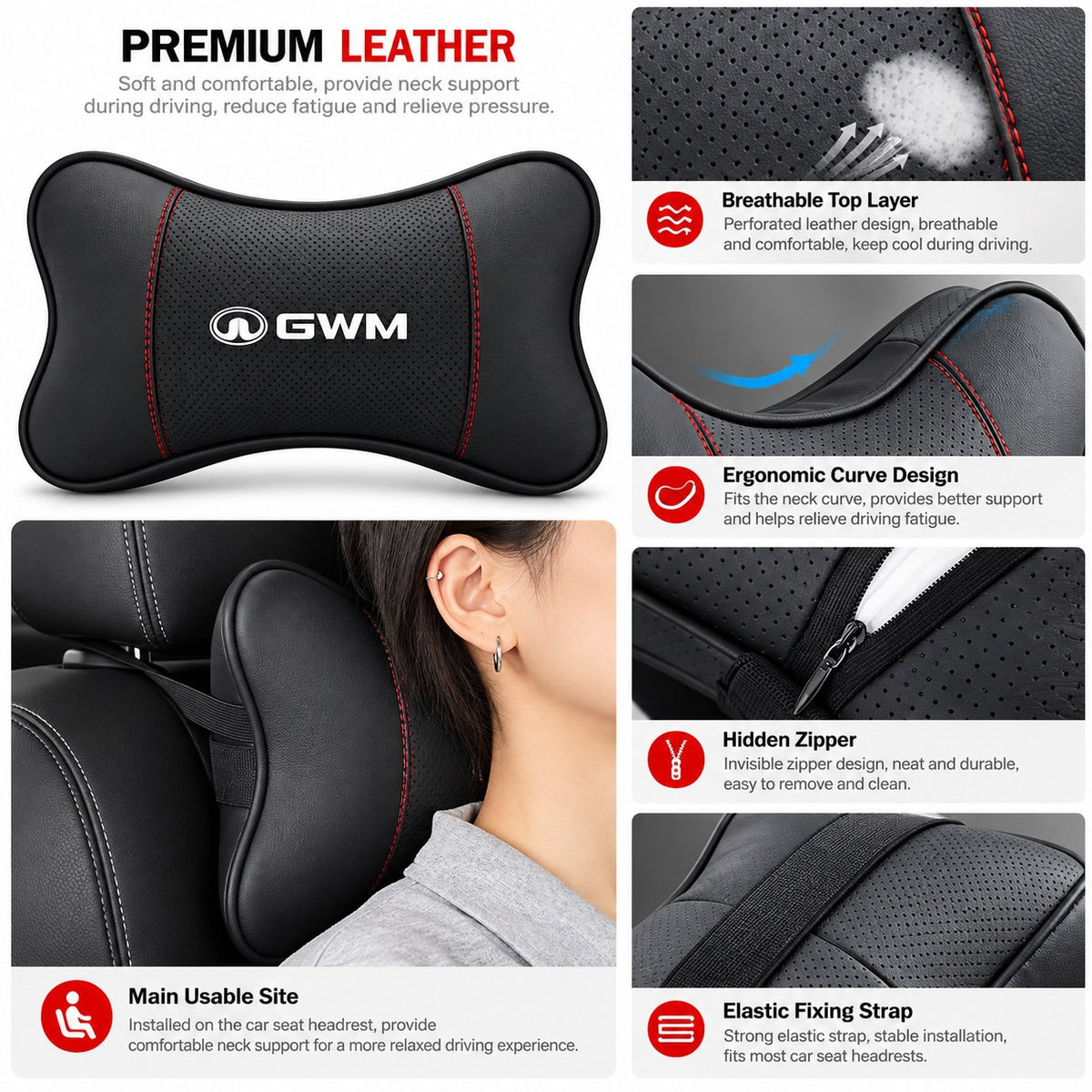 GWM car seat headrest neck pillow showing breathable top layer, ergonomic curve, hidden zipper and elastic fixing strap