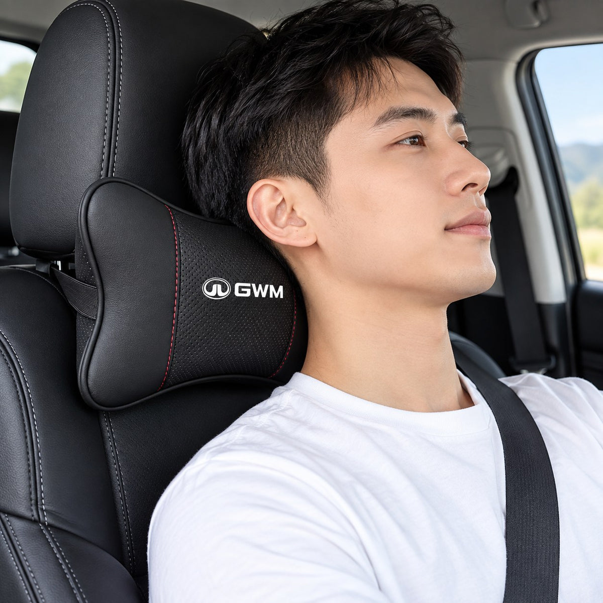 GWM car seat headrest neck pillow installed on a car seat for neck support