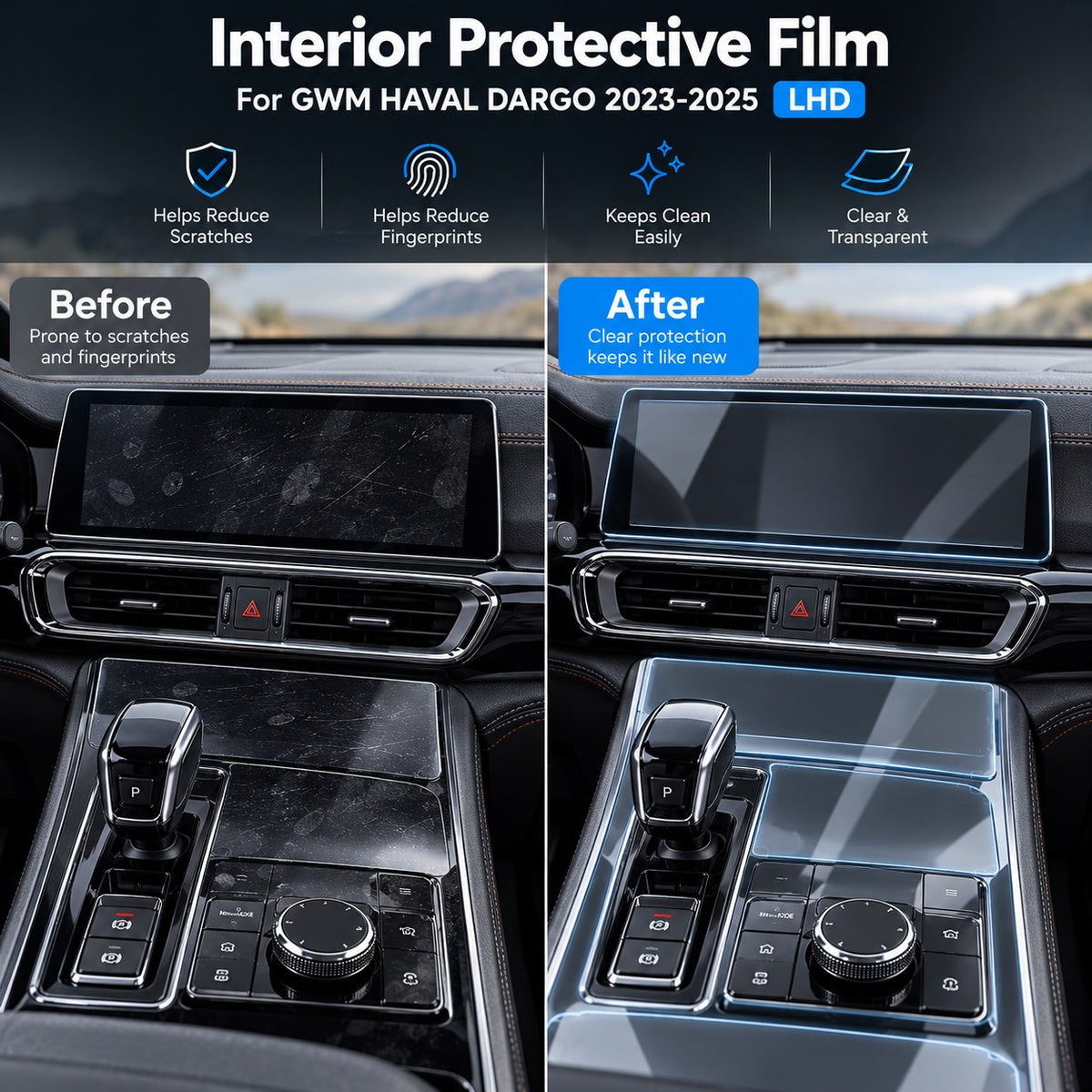 GWM Haval Dargo 2023-2025 interior before and after transparent TPU protective film installation