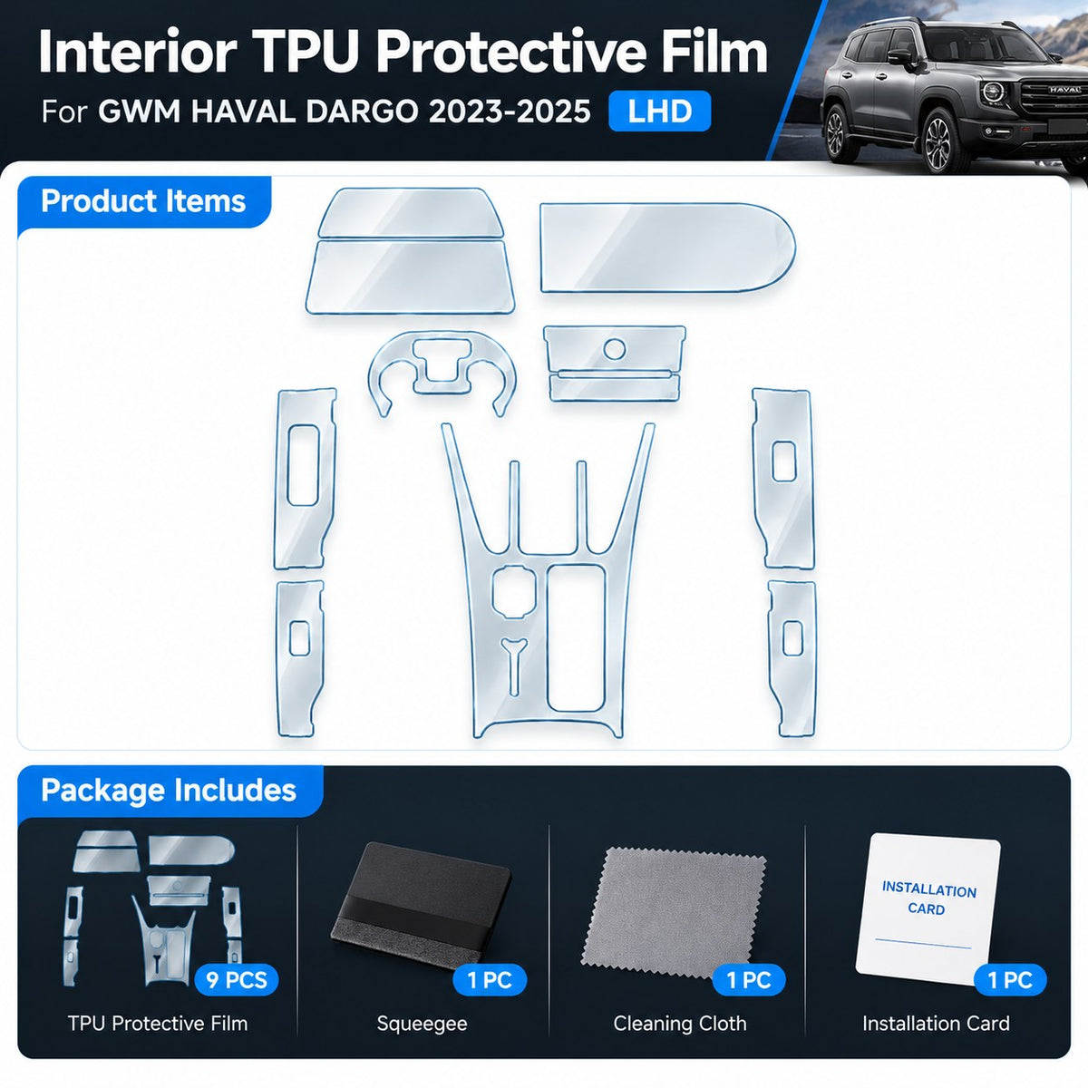 GWM Haval Dargo 2023-2025 TPU protective film package with film pieces and installation accessories