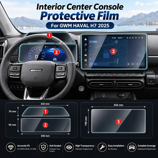 GWM Haval H7 2025 TPU dashboard protective film showing the instrument cluster and center display coverage with product fit dimensions