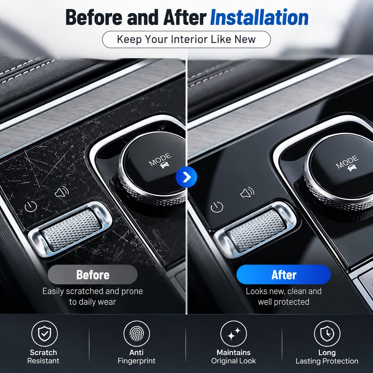 GWM Haval H7 2025 center console before and after installation of transparent TPU protective film showing a cleaner protected surface