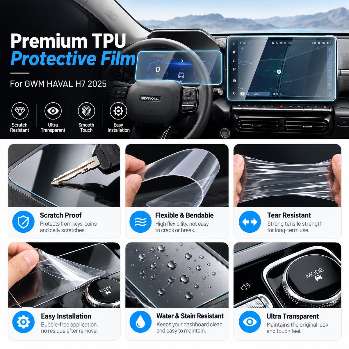 GWM Haval H7 2025 transparent TPU protective film showing scratch resistance, bending flexibility, tear strength, water resistance and easy installation
